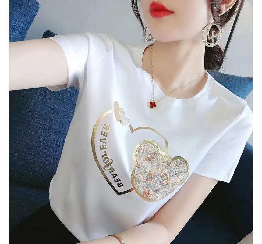 Neck Bear Print Short-Sleeve Tee Crew