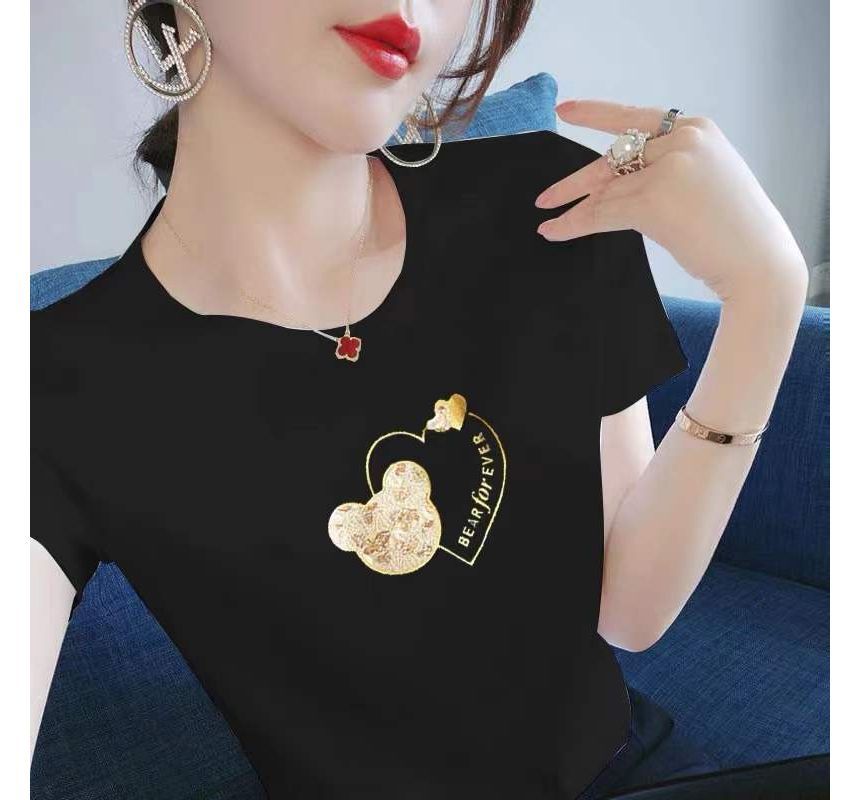 Neck Bear Print Short-Sleeve Tee Crew