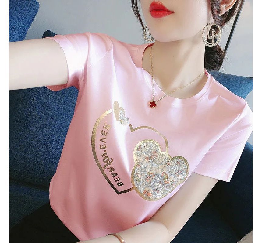 Neck Bear Print Short-Sleeve Tee Crew