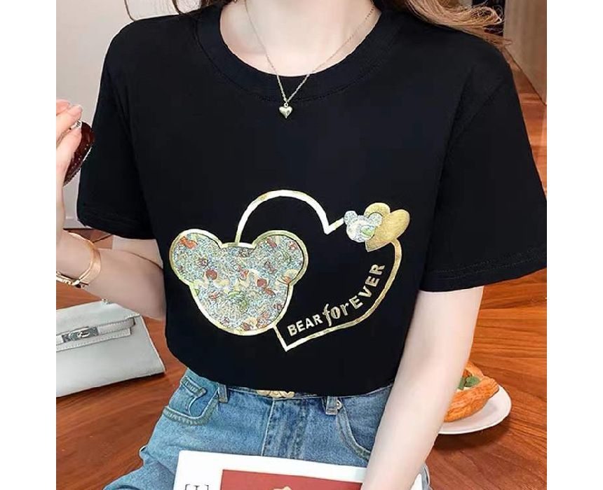 Neck Bear Print Short-Sleeve Tee Crew