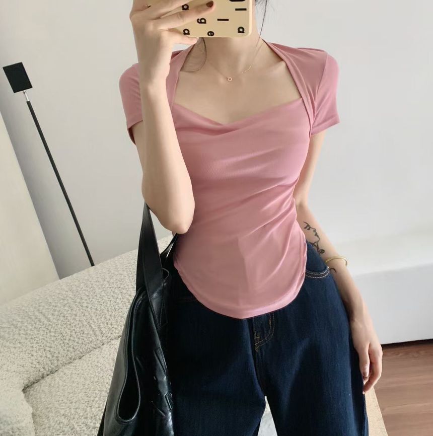 Square Plain T-Shirt Short-Sleeve Neck