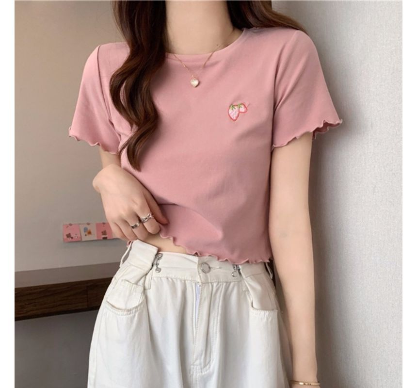 T-Shirt Crop Embroidered Neck Crew Short-Sleeve