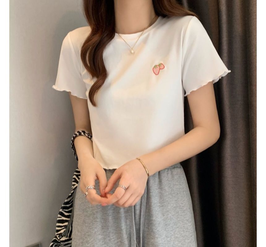 T-Shirt Crop Embroidered Neck Crew Short-Sleeve