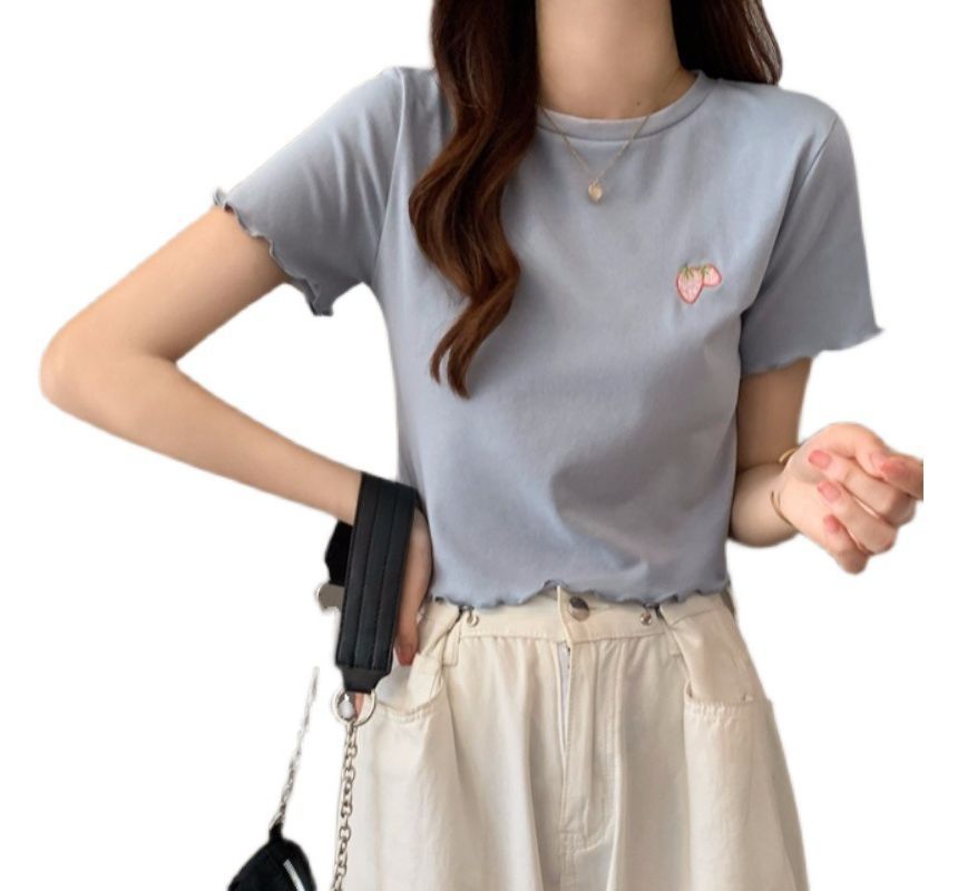 T-Shirt Crop Embroidered Neck Crew Short-Sleeve