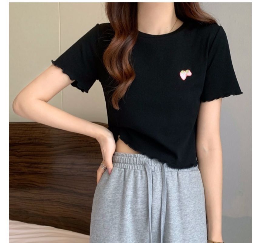 T-Shirt Crop Embroidered Neck Crew Short-Sleeve