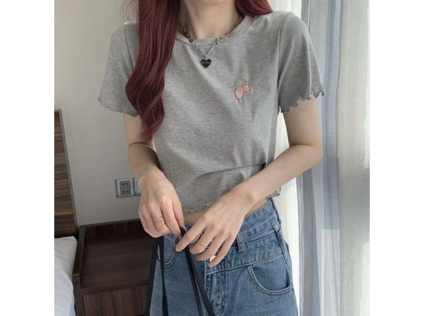 T-Shirt Crop Embroidered Neck Crew Short-Sleeve