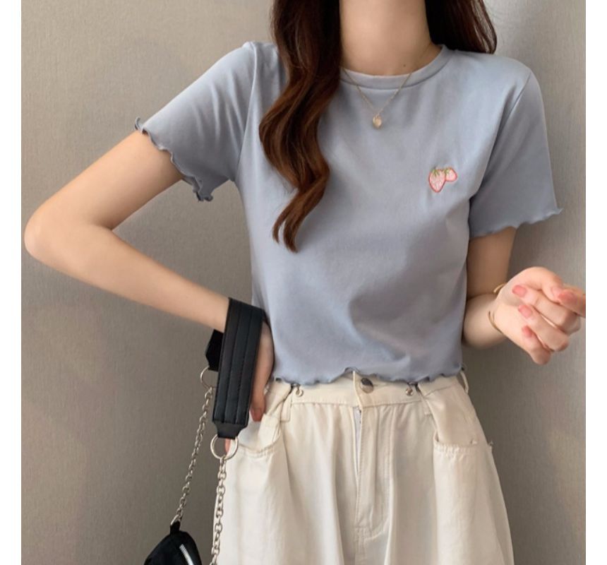 T-Shirt Crop Embroidered Neck Crew Short-Sleeve