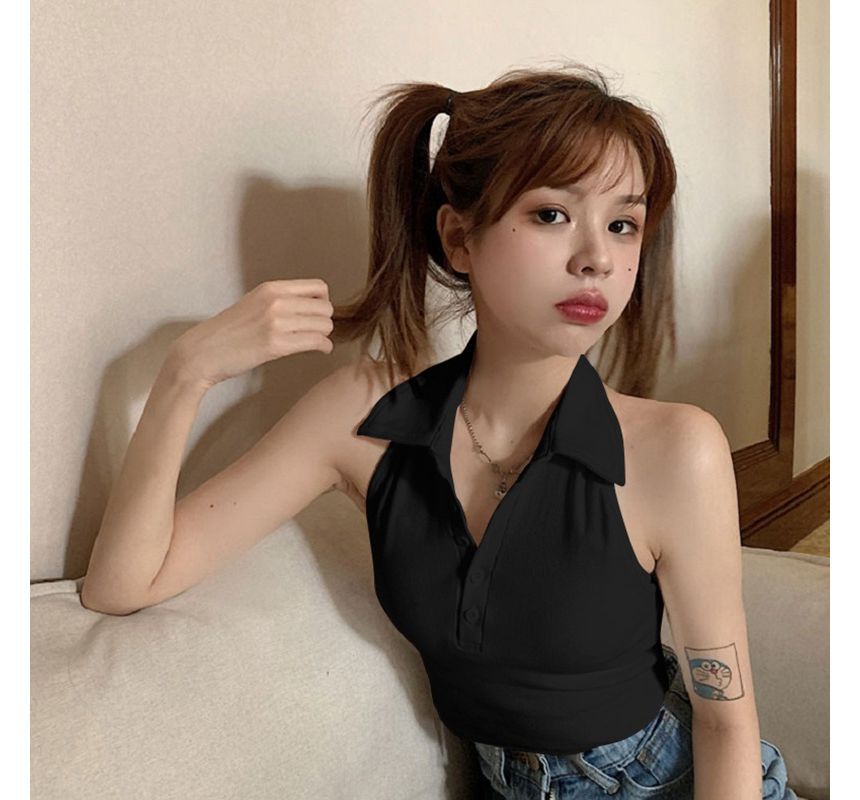 Sleeveless Polo Crop Shirt Plain