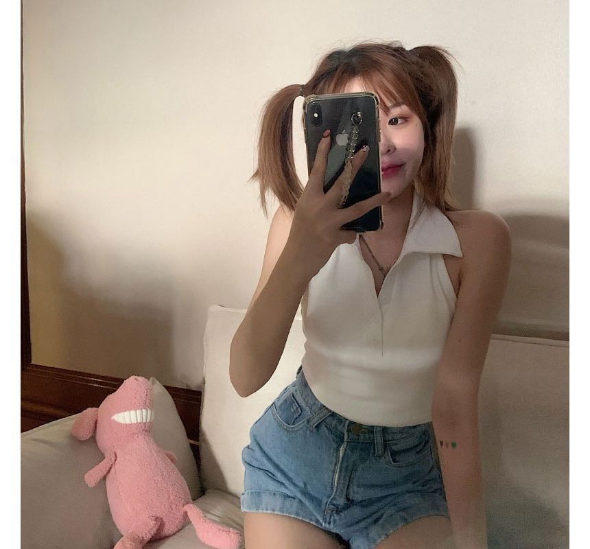 Sleeveless Polo Crop Shirt Plain