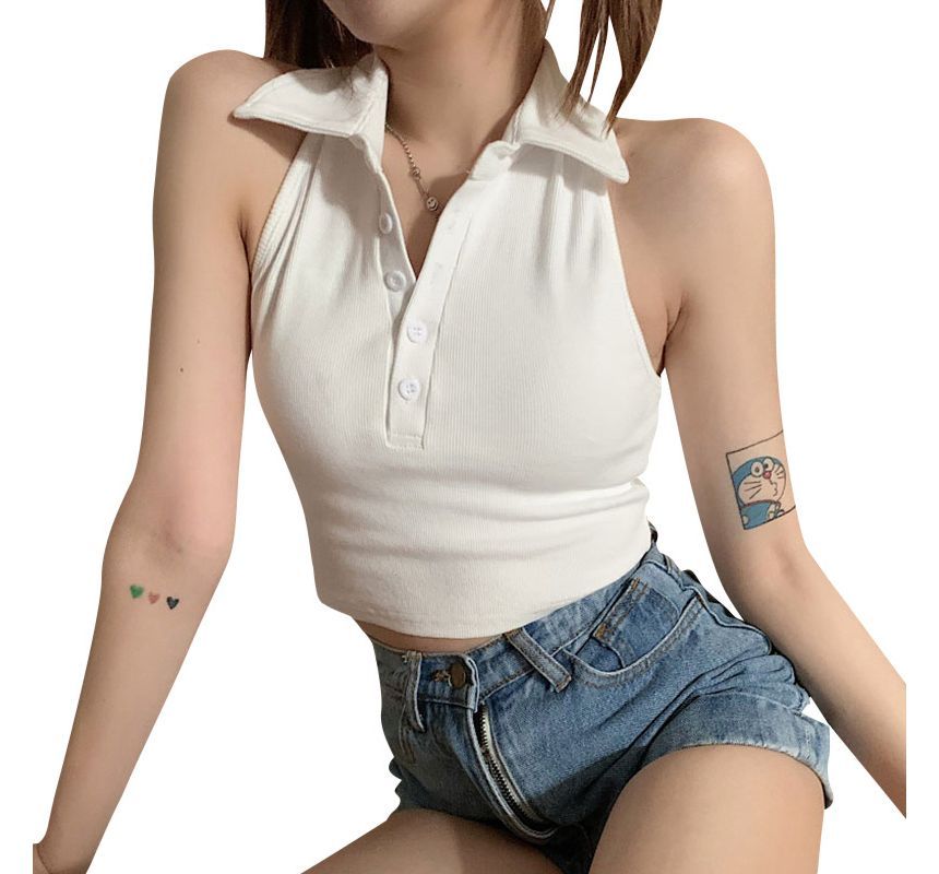 Sleeveless Polo Crop Shirt Plain
