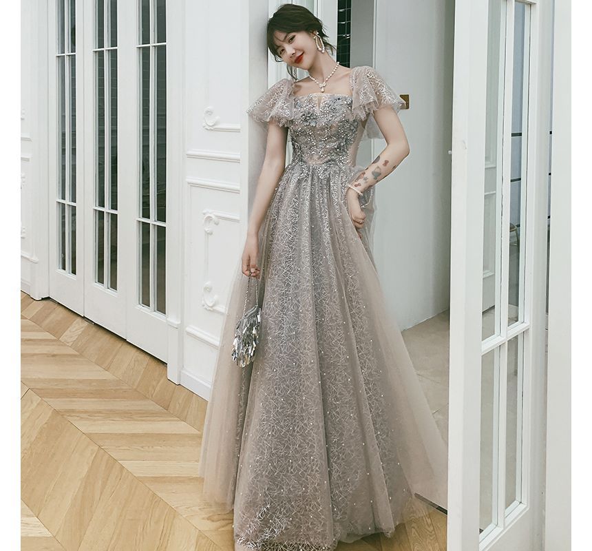 Short-Sleeve Cocktail Flower Dress / Accent Evening A-Line Gown