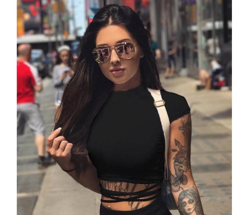 Crop T-Shirt Short-Sleeve Neck Plain Mock