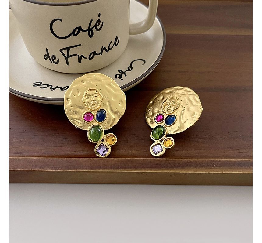 Faux Earring Stud Gemstone Disc