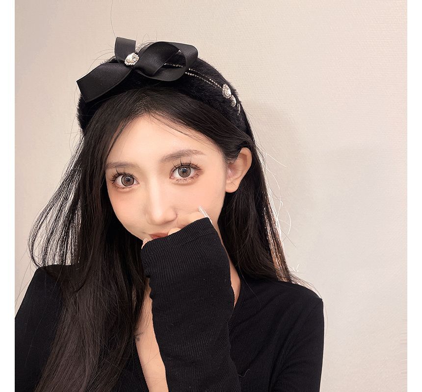Bow Rhinestone Fluffy Headband