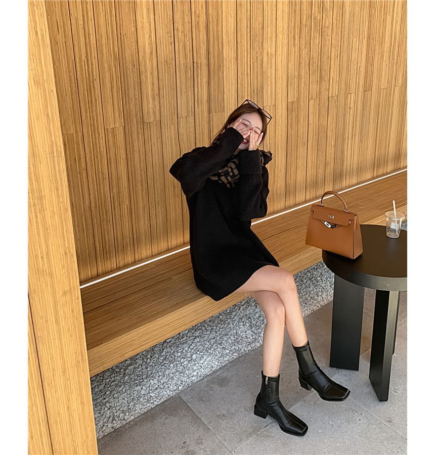 Square Block Short Faux Leather Toe Boots Heel