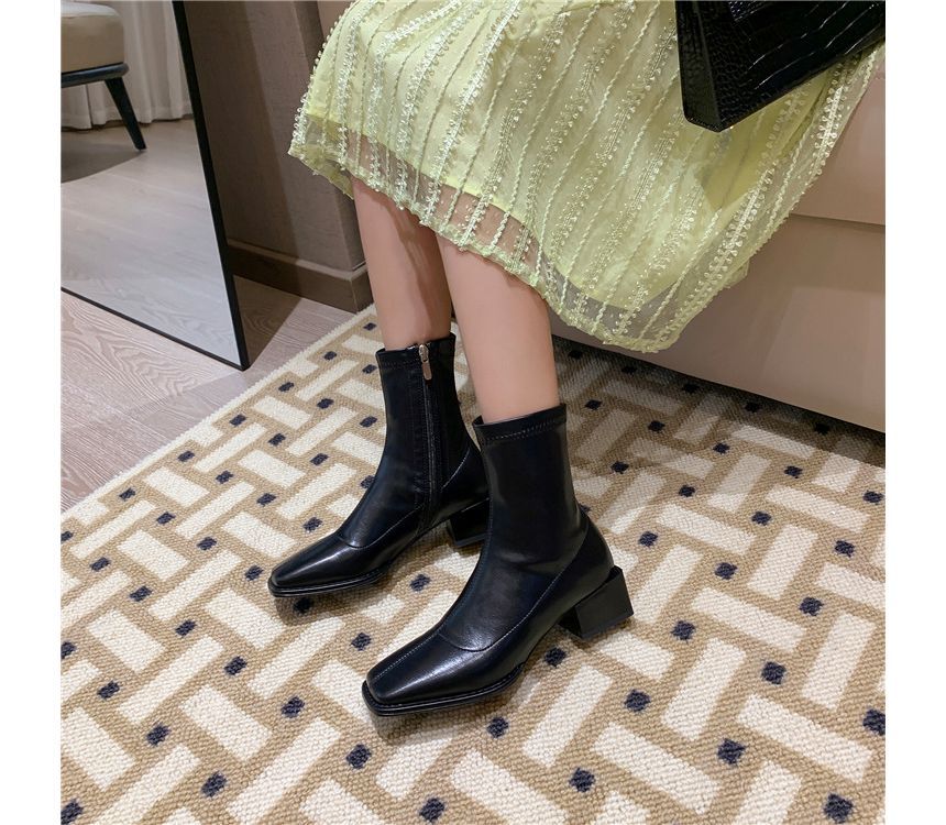Square Block Short Faux Leather Toe Boots Heel