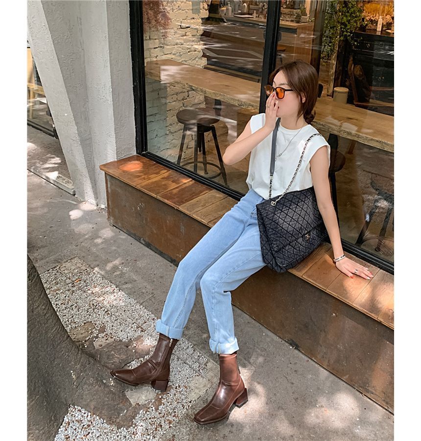 Square Block Short Faux Leather Toe Boots Heel