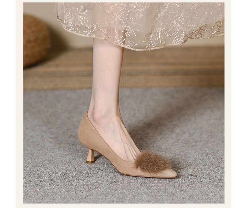 Kitten Pom Suede Pumps Pointed Heel Faux Accent