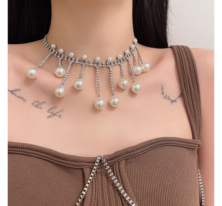 Fringed Rhinestone Pearl Choker Faux Alloy