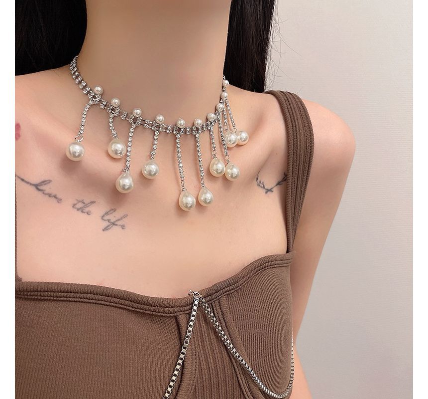 Fringed Rhinestone Pearl Choker Faux Alloy