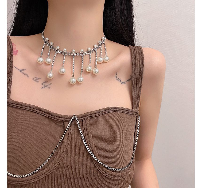 Fringed Rhinestone Pearl Choker Faux Alloy