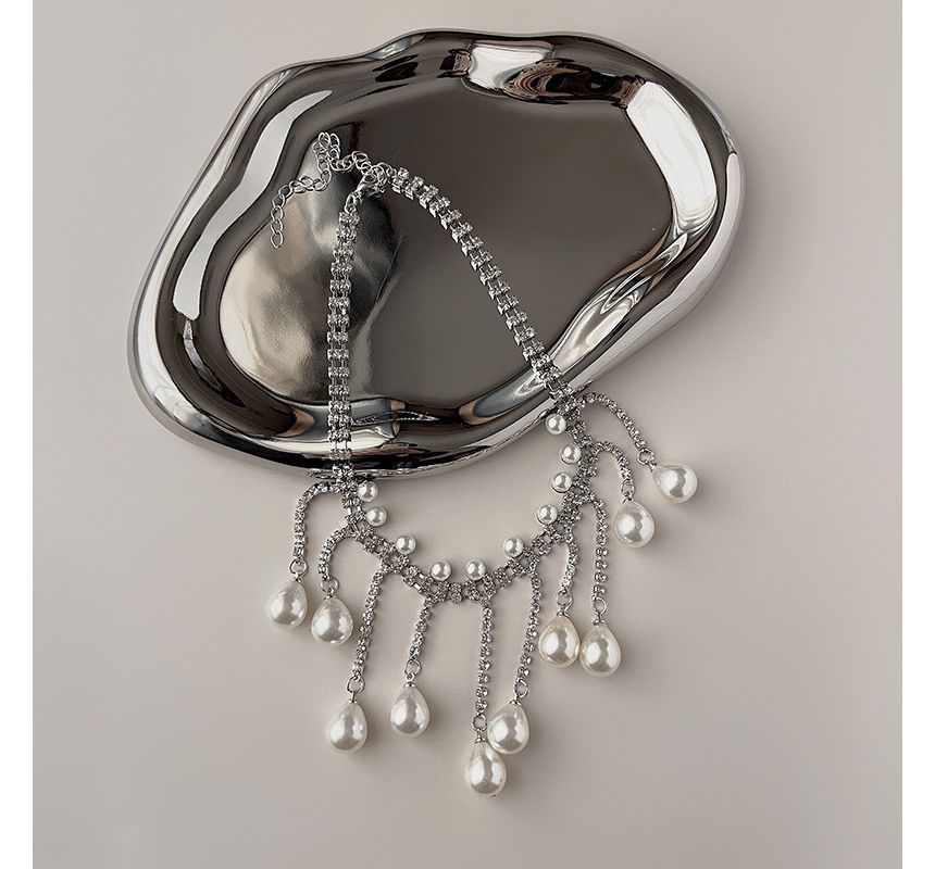 Fringed Rhinestone Pearl Choker Faux Alloy