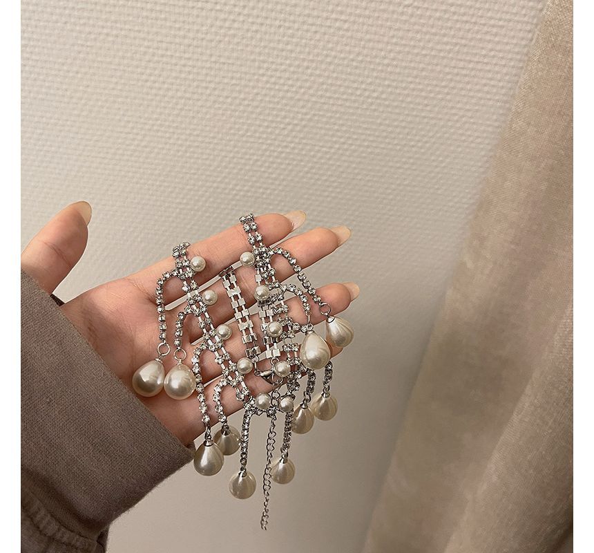 Fringed Rhinestone Pearl Choker Faux Alloy