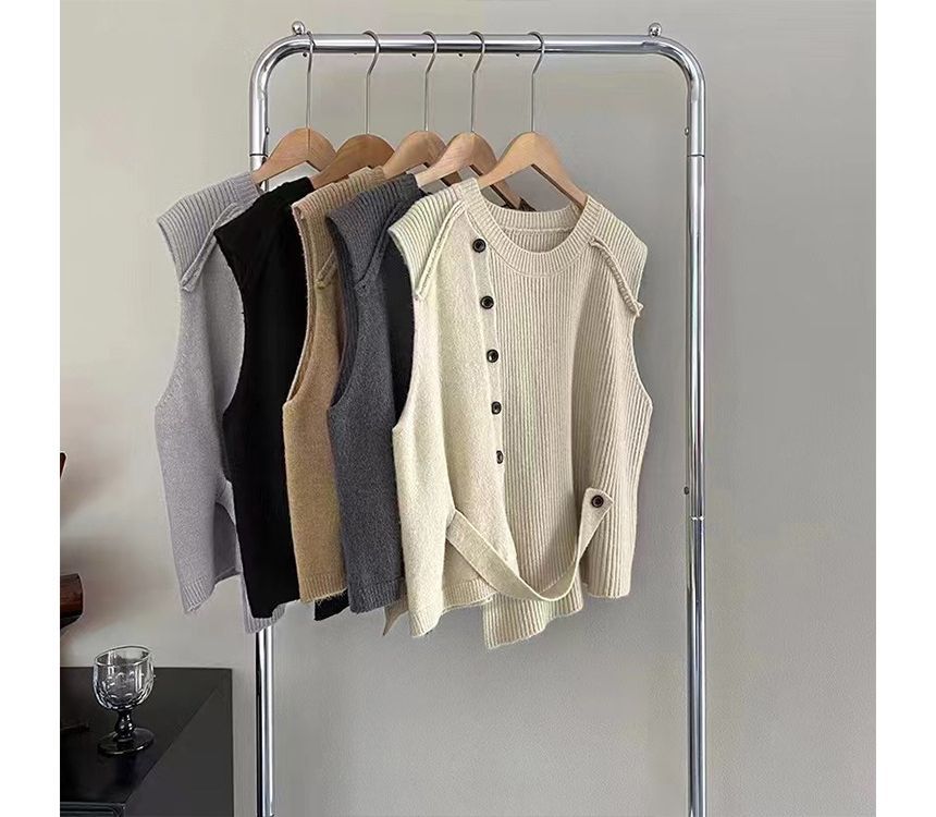 Asymmetrical Crew Neck Button-Up Vest Plain Hem Sweater