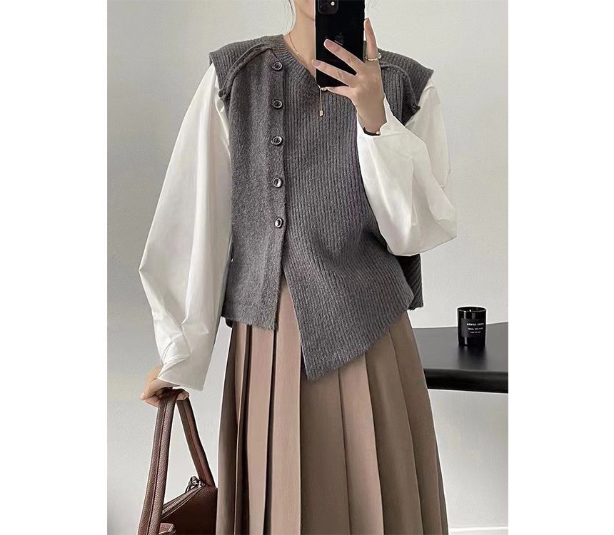 Asymmetrical Crew Neck Button-Up Vest Plain Hem Sweater