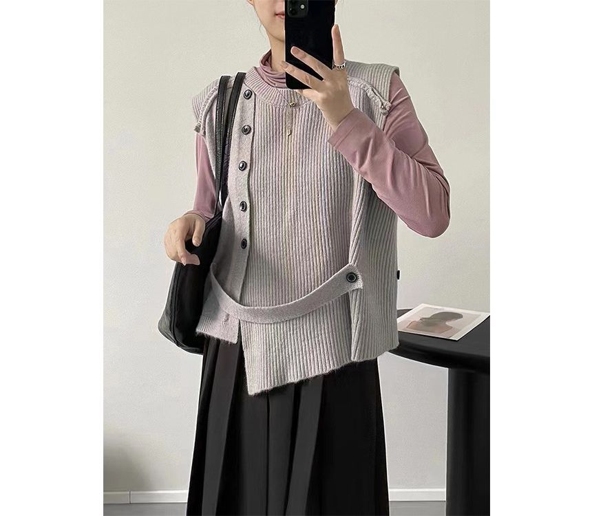 Asymmetrical Crew Neck Button-Up Vest Plain Hem Sweater