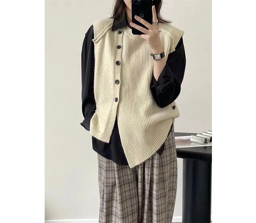 Asymmetrical Crew Neck Button-Up Vest Plain Hem Sweater