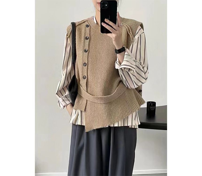 Asymmetrical Crew Neck Button-Up Vest Plain Hem Sweater