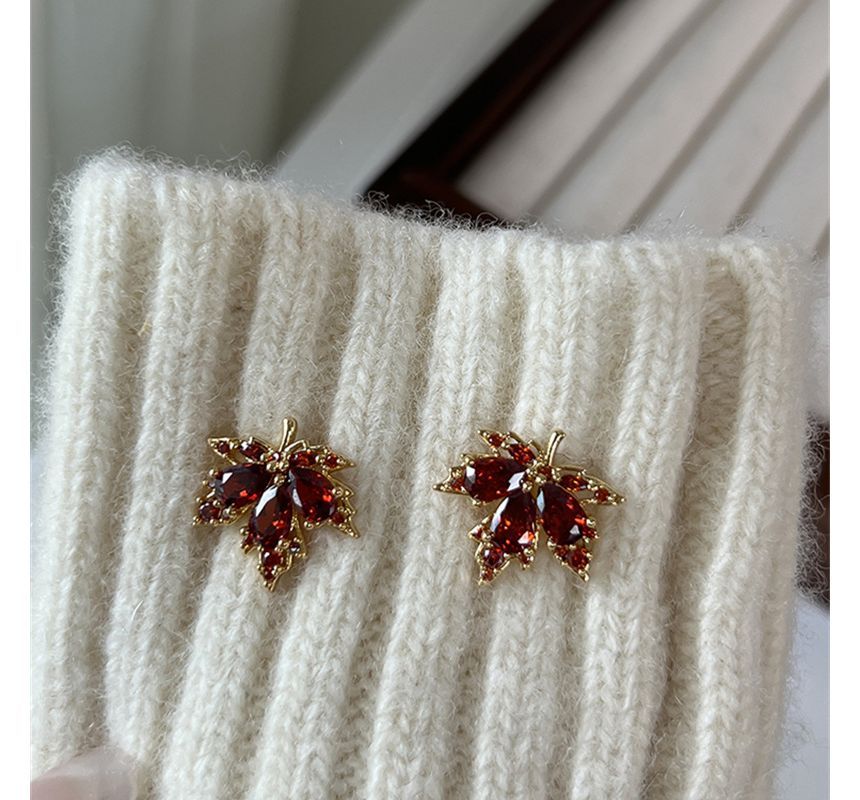 Earring Leaf Rhinestone Alloy