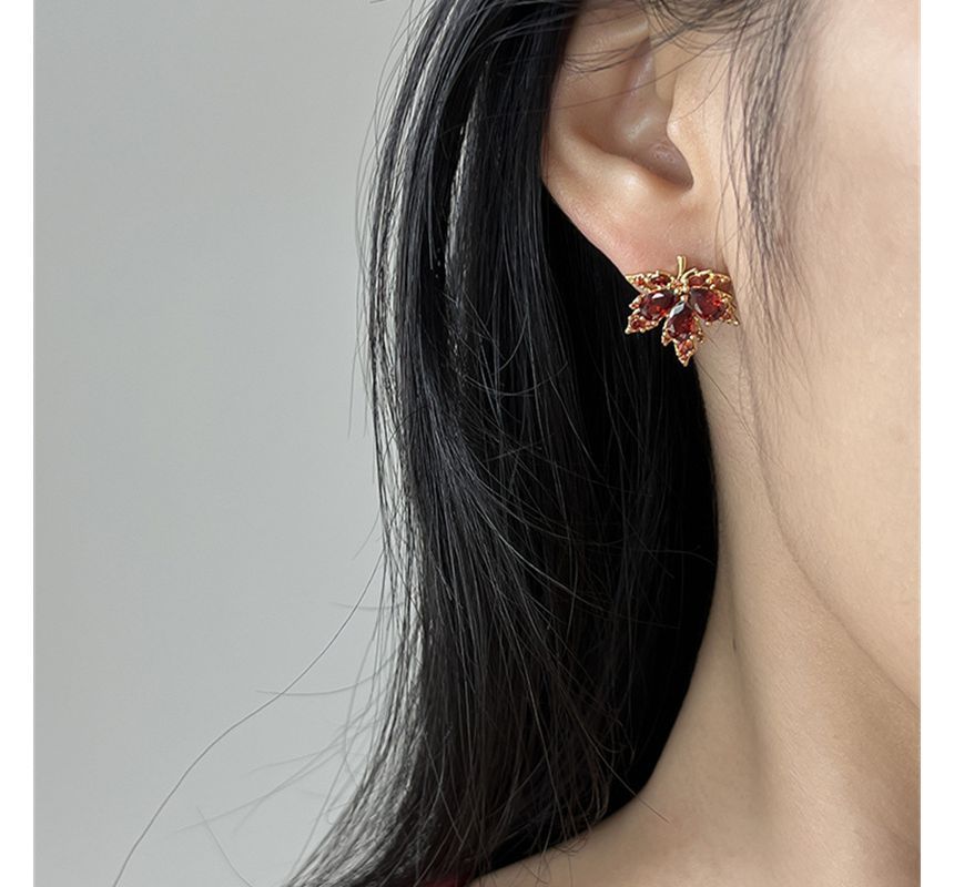 Earring Leaf Rhinestone Alloy