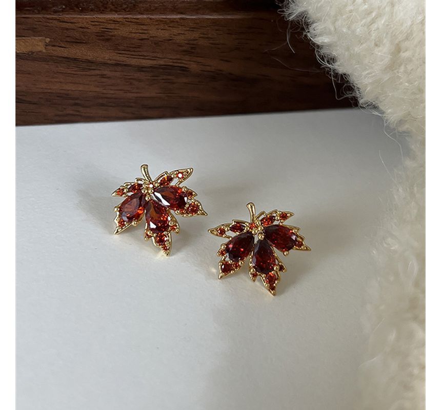 Earring Leaf Rhinestone Alloy