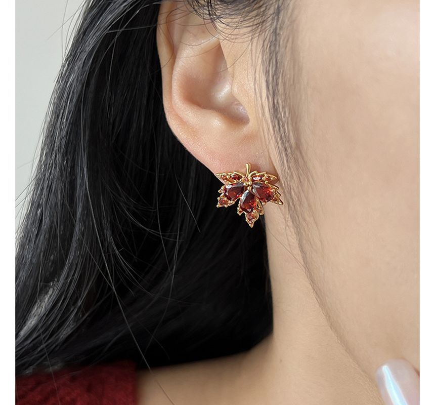 Earring Leaf Rhinestone Alloy