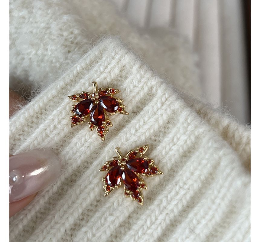 Earring Leaf Rhinestone Alloy
