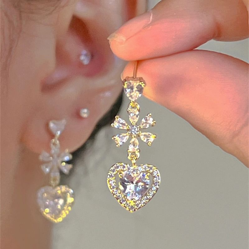 Earring Rhinestone Alloy Dangle Heart