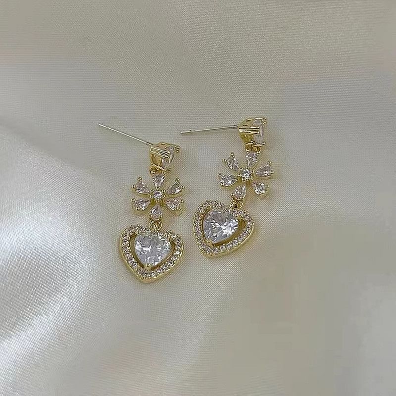 Earring Rhinestone Alloy Dangle Heart