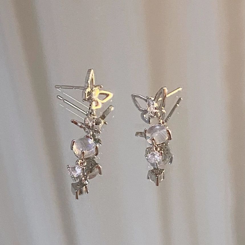 Earring Asymmetrical Moonstone Alloy Dangle Butterfly