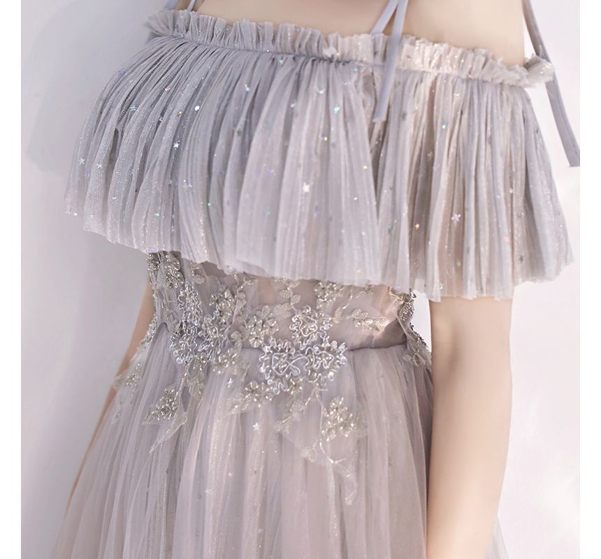 Sequin Flower Gown Embroidered Evening Cold-Shoulder A-Line