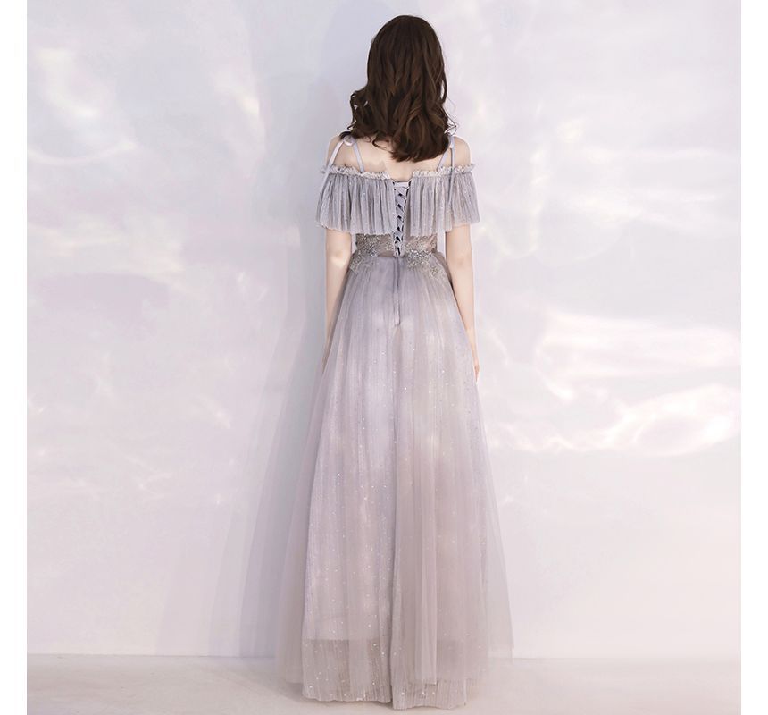 Sequin Flower Gown Embroidered Evening Cold-Shoulder A-Line