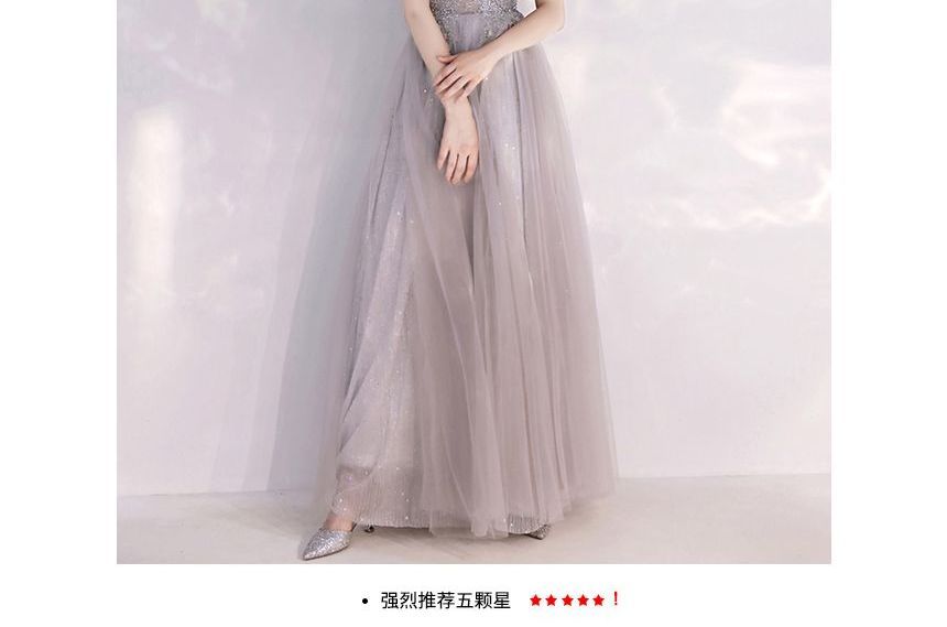 Sequin Flower Gown Embroidered Evening Cold-Shoulder A-Line