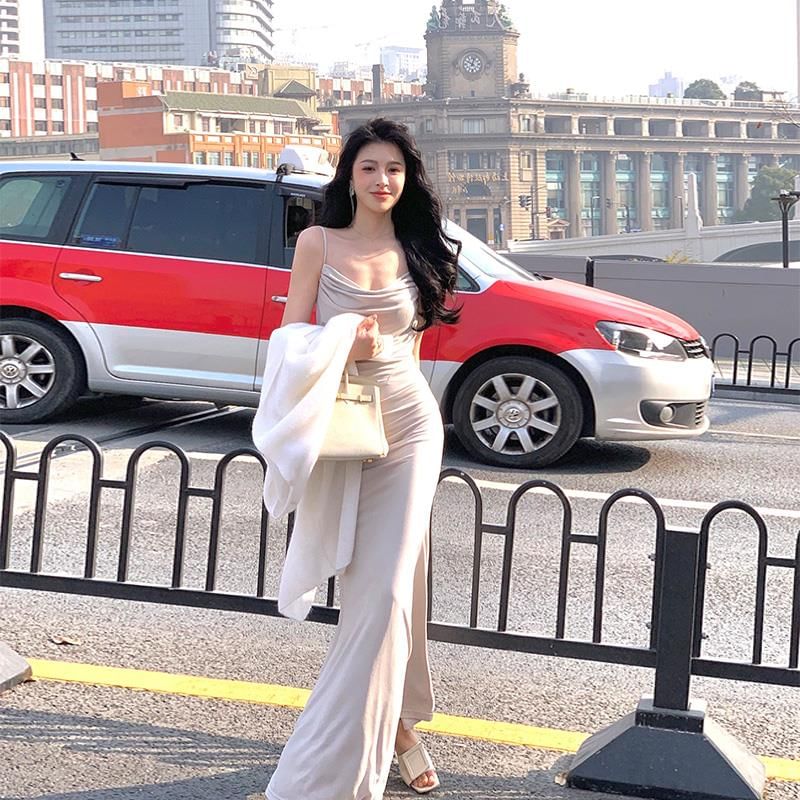 Strap Spaghetti Gown Neck Evening Plain Mermaid Cowl