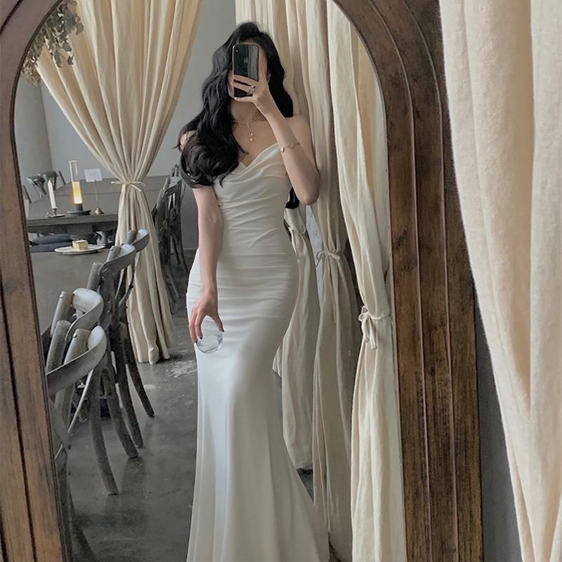 Strap Spaghetti Gown Neck Evening Plain Mermaid Cowl