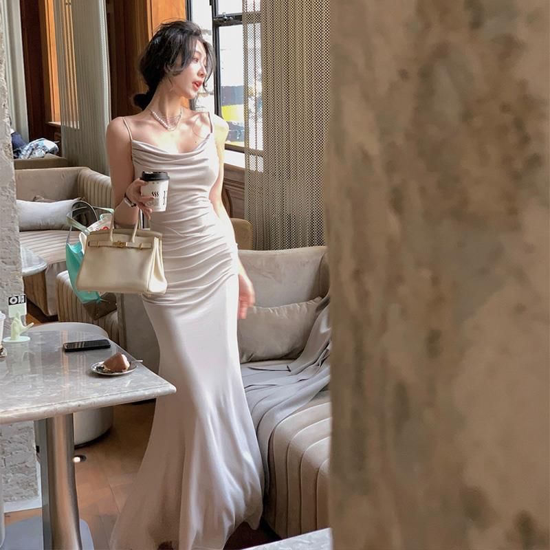 Strap Spaghetti Gown Neck Evening Plain Mermaid Cowl