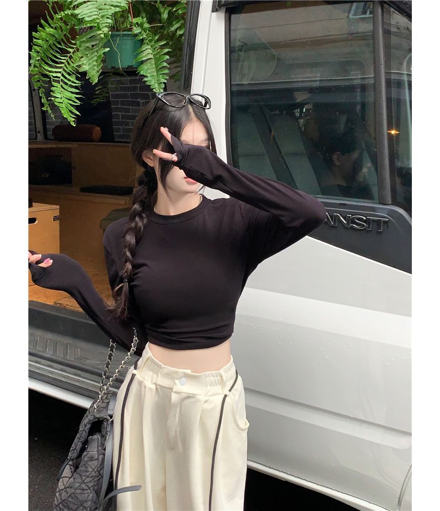 Drawstring Wide Long-Sleeve Neck Tee Cutout Waist Striped / Sweatpants Crop Plain Leg Round