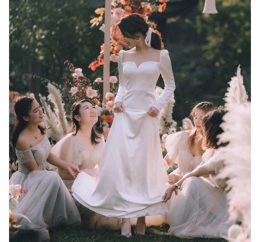 Wedding Long-Sleeve Plain A-Line Square Neck Gown