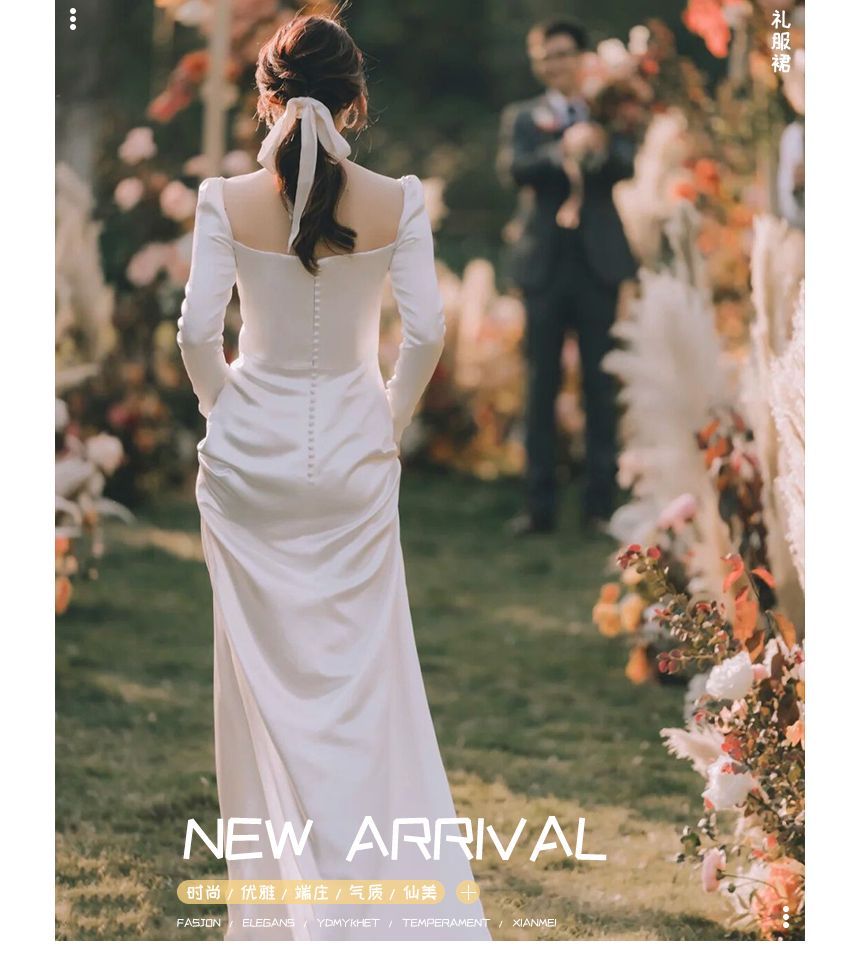 Wedding Long-Sleeve Plain A-Line Square Neck Gown