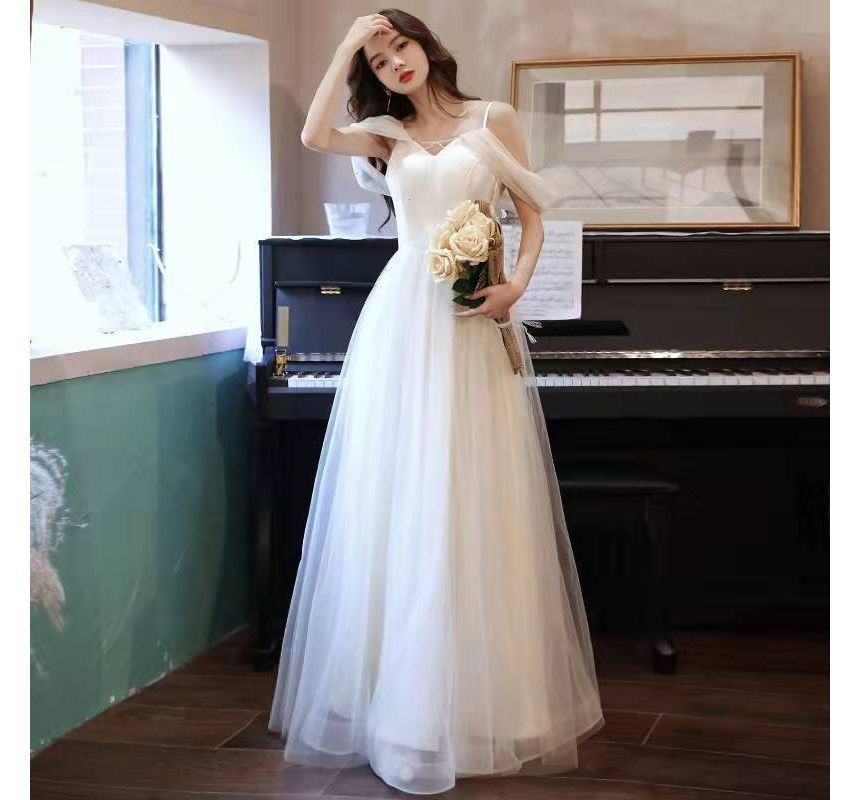 Strap A-Line Panel Plain Spaghetti Evening Mesh Gown